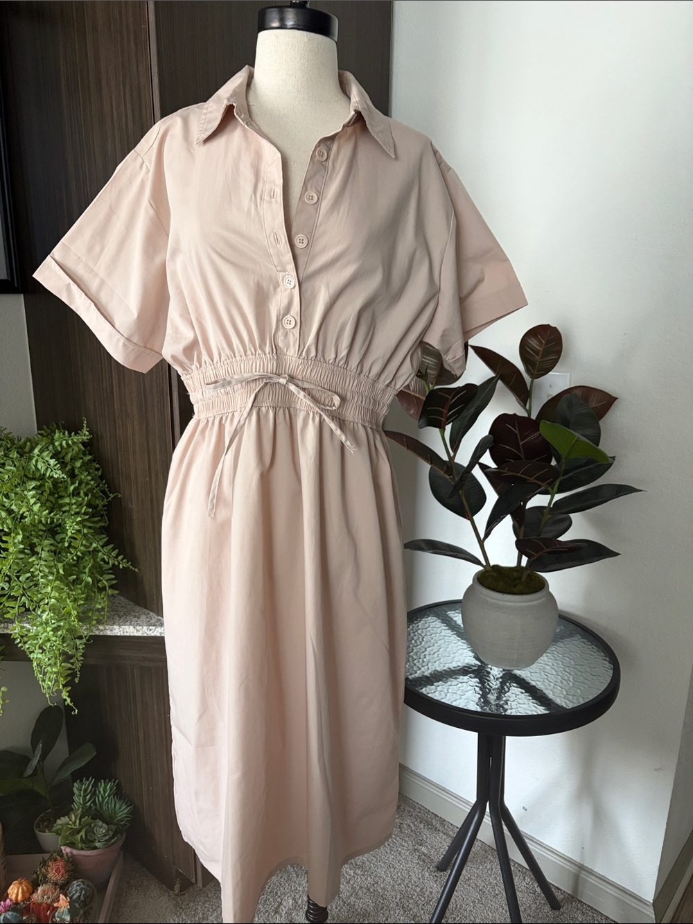 Women’s Short Sleeve Drawstring Waist Shirt Dress - Blush